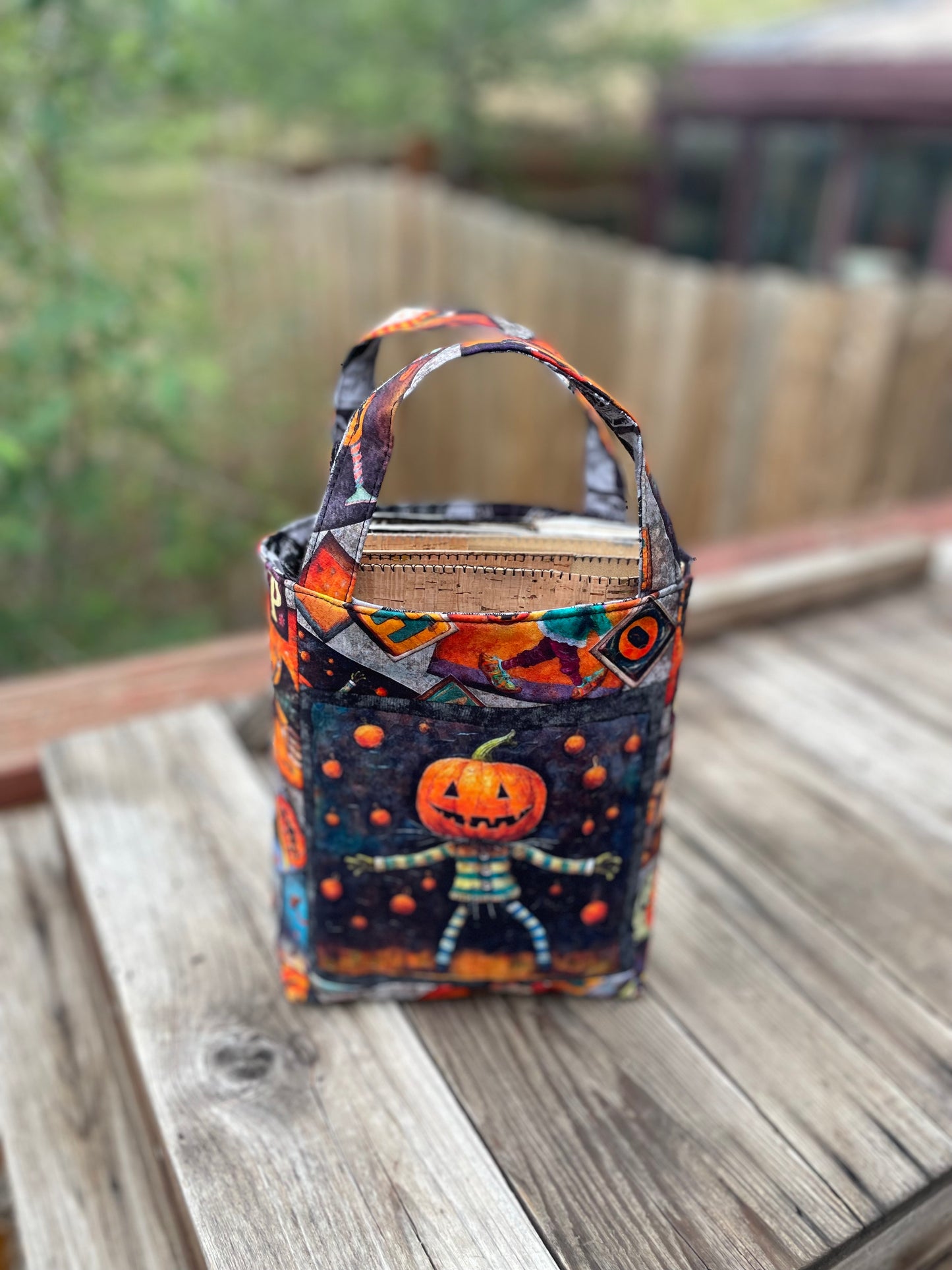 Small Bag Halloween Pumpkin boy and monster gray Halloween fabric.