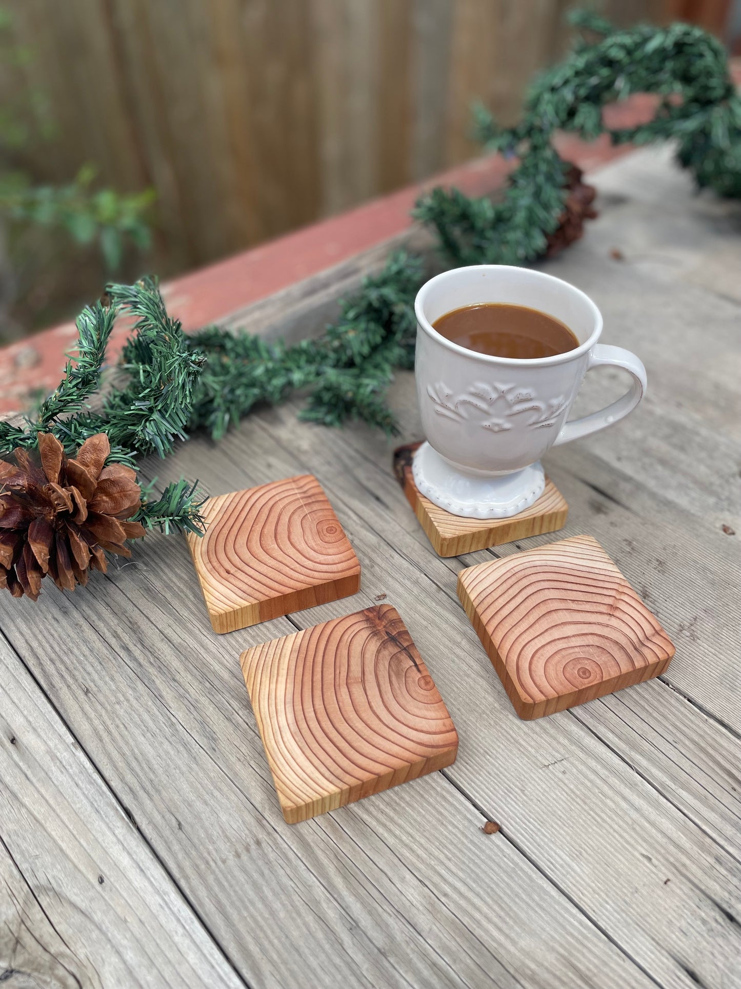 Solid Redwood Rustic Wooden Coaster Set (x4)